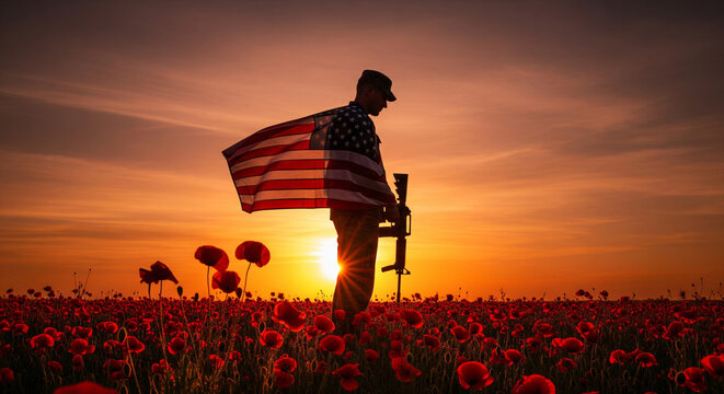 Silhouette of soldier with American flag standing in poppy field at sunset honoring fallen heroes and symbolizing remembrance and patriotism