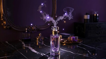 Elegant perfume bottle with smoke and lights on a vanity table