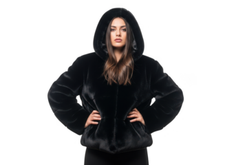 Portrait of a woman wearing a black hooded fur coat on black background