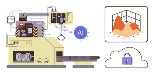 Industrial robot operating with AI, data visualization chart, and cloud-based data security lock. Ideal for technology, industry, manufacturing, machine learning, AI, data security and automation