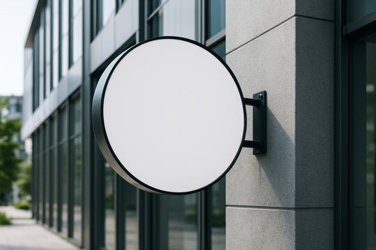 Empty round signboard mock up mounted on concrete wall of modern building with glass facade for branding or advertising design concept. Ai generative