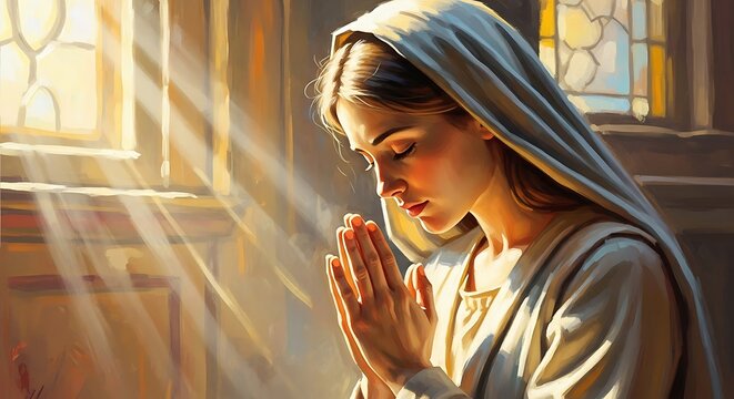 Young Woman Praying in Church with Sunbeams Through Stained Glass Window.