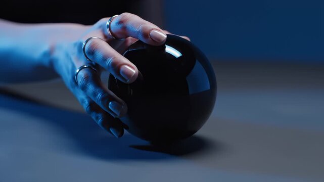 Hand With Rings Touching a Shiny Black Ball on Table
