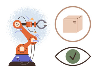 Robotic arm grasping objects with warning labels, box inside a target ring, eye with a checkmark. Ideal for automation, robotics, production, quality assurance, technology, AI industrial workflow
