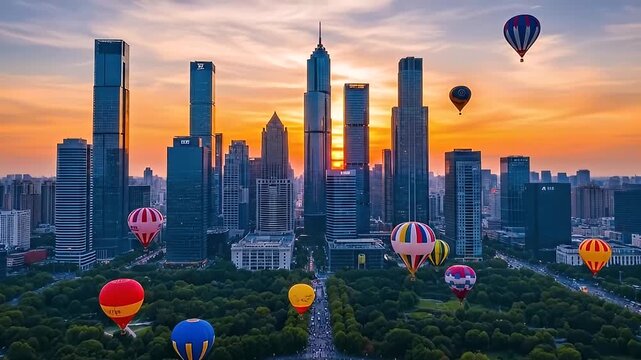 Hot Air Balloons Flying Over Modern City Park Sunset View