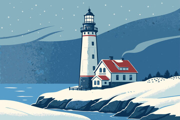 Snow-covered lighthouse by a frozen sea on a flat shore.