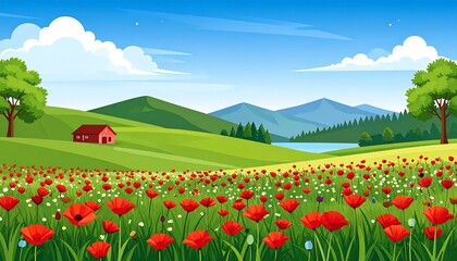 A vibrant meadow scene with red flowers, a house, and hills