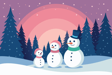 A cozy snowman family is gathered near a pine forest as the sun sets.