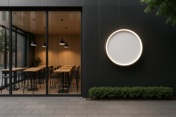 Modern cafe exterior with round illuminated blank sign for branding mock up beside glass window showing wooden interior and pendant lights at night. Ai generative