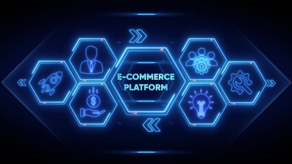 E-commerce Platform Concept With Icons In Hexagons On Dark Background online shopping retail