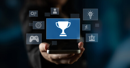 Achievement and success concept representing goal accomplishment, motivation, performance, competition, and excellence in business and personal growth Latch