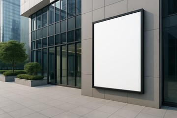 Blank outdoor billboard mock up on modern office building wall with glass facade and trees, perfect for branding or advertising concept display. Ai generative
