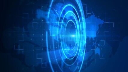 Futuristic Digital World Map with Blue Technology Rings and Virtual Data Interface