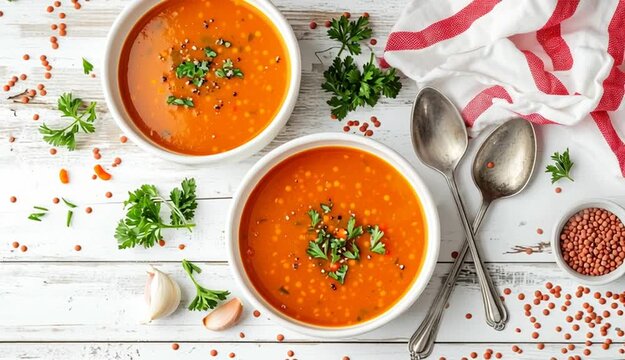 Overhead flat lay food photography, two white ceramic bowls of lentil soup, red lentil and vegetable soup with carrots, garnished with fresh chopped parsley, white wooden table background, scattered