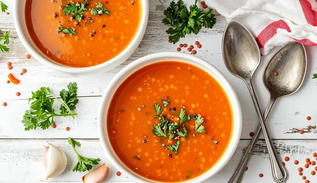 Overhead flat lay food photography, two white ceramic bowls of lentil soup, red lentil and vegetable soup with carrots, garnished with fresh chopped parsley, white wooden table background, scattered
