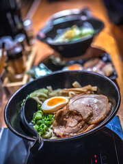 Tsukemen romen noodles with meat and egg in Japanese restaurant