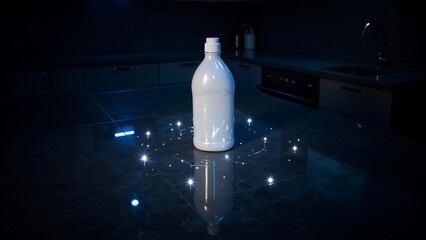 White bottle on a dark surface with light reflections in a dark room