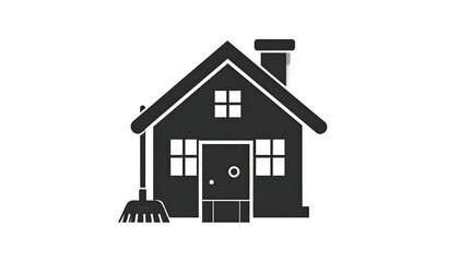 Dark gray house icon with windows, door, chimney, and a broom leaned on the side, isolated on a white background