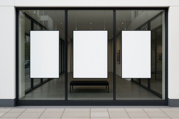 Blank vertical posters hanging in storefront window with empty white frames for advertisement or branding concept mock up display in urban setting. Ai generative