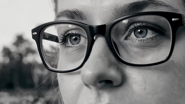 black and white photographic treatment applied to an extreme close-up view of a woman's blue eyes while wearing