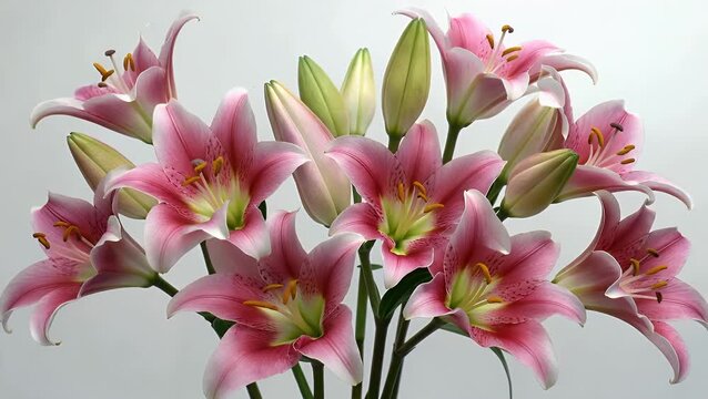 fragile and dainty arrangement of spring flowers featuring pink lilies associated with Easter  illuminated by bright natural lighting against a pure white