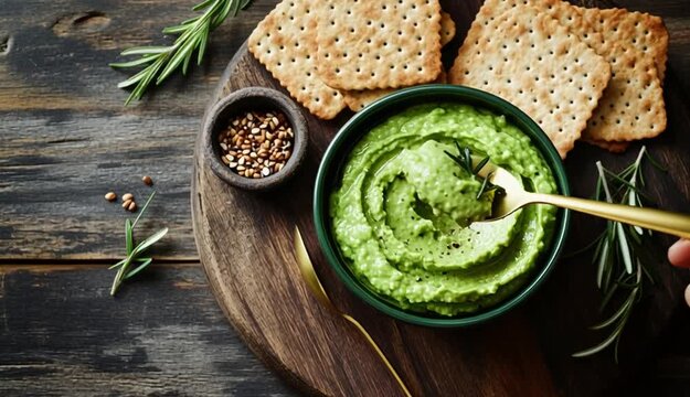 Overhead flat lay food photography, rustic round wooden cutting board with handle on dark aged wood background, green avocado dip or guacamole in dark green ceramic bowl, seeded multigrain crackers 