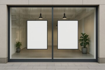 Blank white posters mock up hanging in large glass storefront window with modern interior and potted plants, perfect for branding display concepts. Ai generative