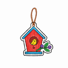 Crayon Drawing of a Red Birdhouse Ornament
