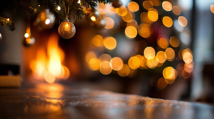 Defocused macro of Christmas decorations, glowing bokeh and amber reflections from the fireplace, soft peaceful tone, with copy space
