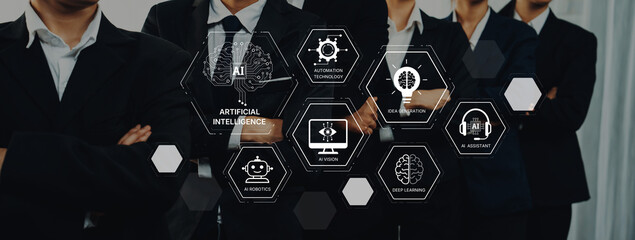 Group of professionals in suits stand confidently, surrounded by graphics representing advanced artificial intelligence concepts, showcasing modern business innovations and technology. Trope