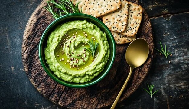 Overhead flat lay food photography, rustic round wooden cutting board with handle on dark aged wood background, green avocado dip or guacamole in dark green ceramic bowl, seeded multigrain crackers 