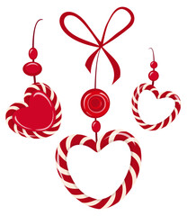 Bright set of Christmas decorations with red bow and heart-shaped lollipops. Vector isolated interior and tree decor with round beads. A selection of stylish jewelry pendants on string