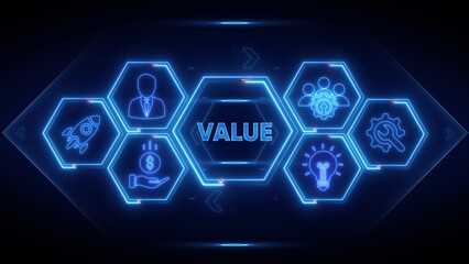 Neon Hexagons With Value Concept Icons On Dark Background business worth