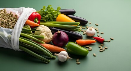 a vibrant collection of fresh produce against a solid, muted teal-green background.