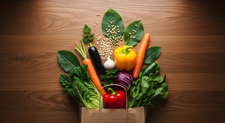A paper bag, positioned in the center quadrant of the frame, spills an assortment of fresh vegetables onto a solid green surface. The vegetables, including carrots, eggplants, a red bell pepper, etc