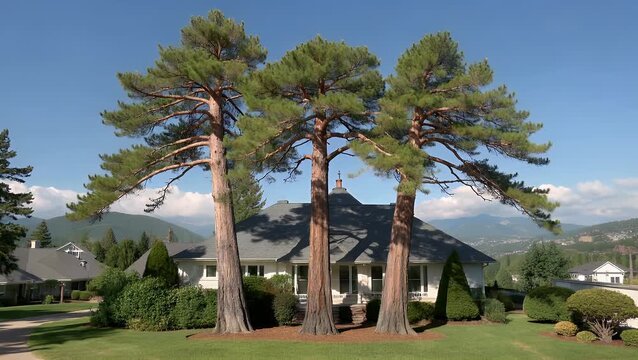 scenic view of three prominent pine trees designated as a natural monument within a historical estate on a bright summer