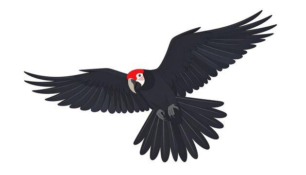 Dark, stylized bird with red head patch flies against a white backdrop, wings spread in a smooth, graphic illustration