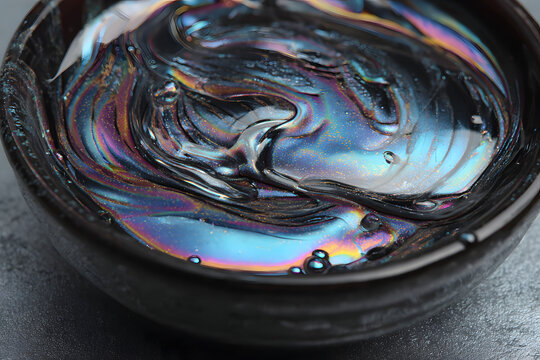 black iridescent liquid surface shimmering with colorful reflections creating a luxurious modern abstract visual texture