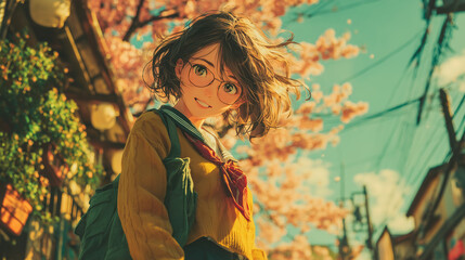 A beautiful anime girl in Japanese school uniform stands outdoors with wind gently moving her hair and skirt, set against a detailed background of cherry blossoms in a schoolyard