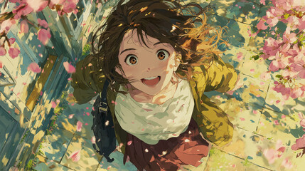 A beautiful anime girl in Japanese school uniform stands outdoors with wind gently moving her hair and skirt, set against a detailed background of cherry blossoms in a schoolyard