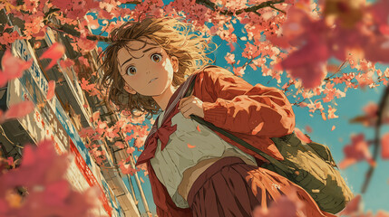 A beautiful anime girl in Japanese school uniform stands outdoors with wind gently moving her hair and skirt, set against a detailed background of cherry blossoms in a schoolyard
