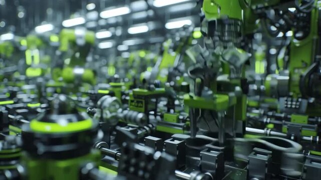 Robotics in Action: An industrial scene showcasing rows of advanced, green-accented robots at work, symbolizing technological progress and automation. 