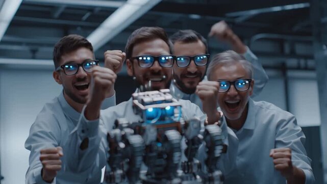 Technological Triumph: Engineers Exuding Joy Beside Robot: A team of enthusiastic engineers celebrate a technological milestone, their faces lit with joy as they stand beside the newly created robot.