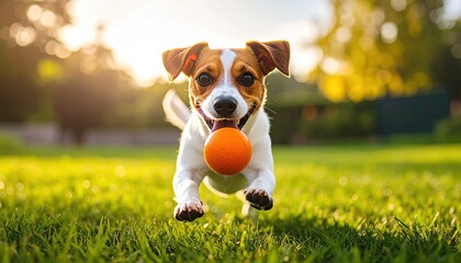 Happy Jack Russell Terrier running with orange ball on green grass during golden hour with blurred background and lens flare