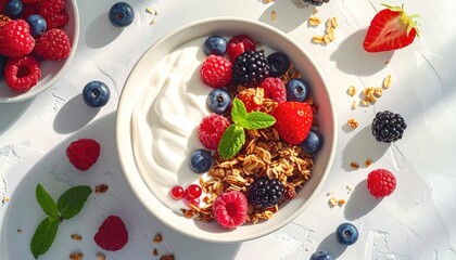 Healthy Breakfast Yogurt Bowl With Granola Fresh Berries And Mint Leaves In Bright Morning Sunlight On A White Textured Table Detailed Macro Food Photography