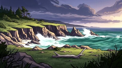 Scenic coastal view with crashing waves against rocky cliffs under a dramatic sky at sunset