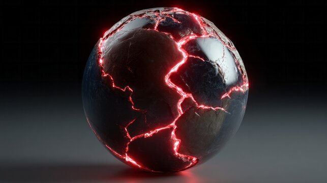 Cracked obsidian sphere glowing with molten red veins, echoing Ragnarok's fiery whispers and cosmic alchemy enigmas