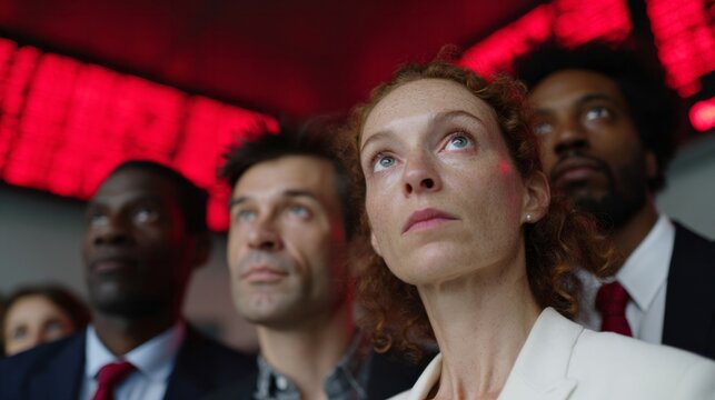 A diverse group gazes intently at stock tickers, embodying financial urgency, global market shifts, and International Stock Exchange Day