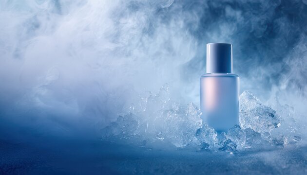 Premium cryo skincare product photo with cinematic blue lighting and frosted details. Matte bottle on icy surface, surrounded by mist. Clean layout with space for text