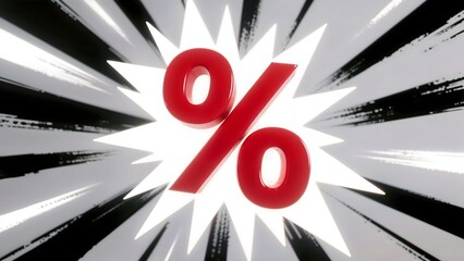 3D red percentage symbol on comic-burst background, sales and discounts poster